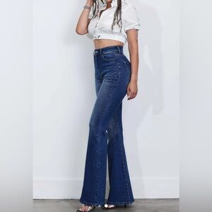 Vibrant miu VBRT High Rise waist Tinted Wide Leg Denim Flare Dark Wash Jeans 1